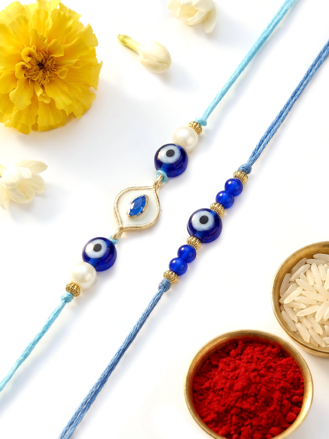 KARATCART Set of 2 Blue Evil Eye Handmade Meenakari Kundan Rakhi for Brother with Roli & Chawal