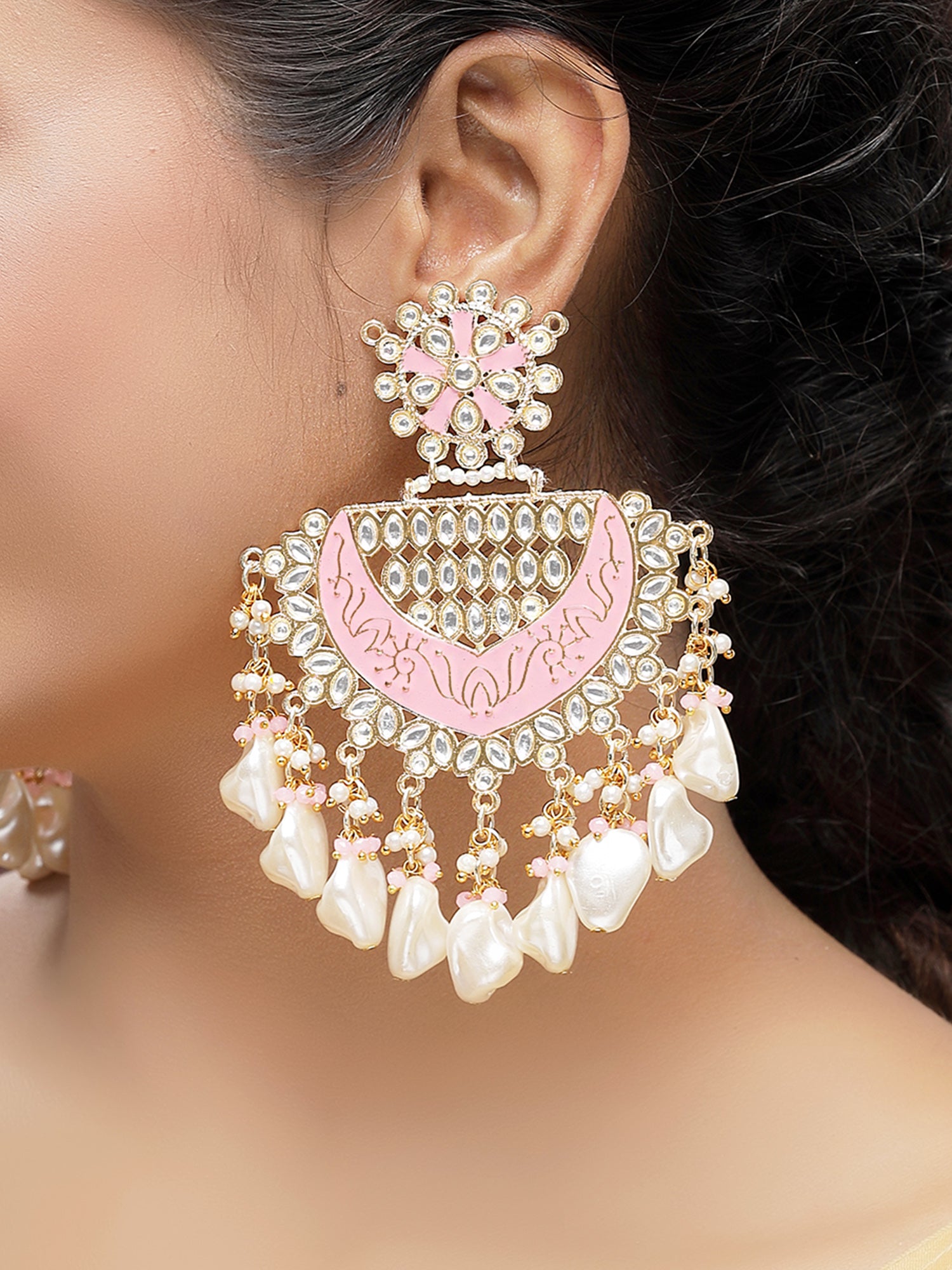 KARATCART Designer Gold-Plated Pink Meena and Pearl Studded Kundan Chandbali Earrings for Women - view 2