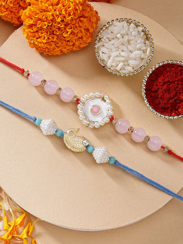 KARATCART Set of 2 Pink Beads Blue Fish Shape Handmade Kundan Rakhi for Brother with Roli & Chawal