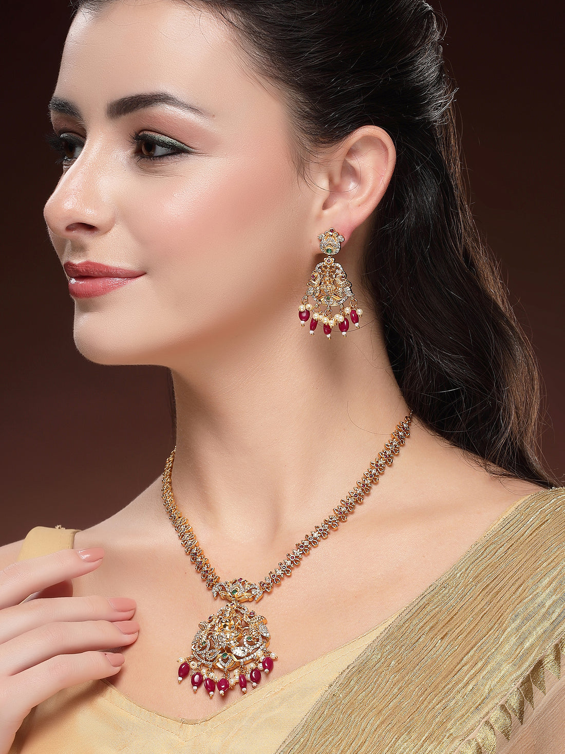 KARATCART Traditional Gold Plated Red Stone Laxmi Mata Temple Jewellery Set for Women