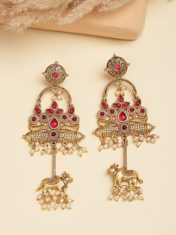 Karatcart Designer Gold-Plated Red Stone Nandi Motif Dangler Earrings with Pearl Drops