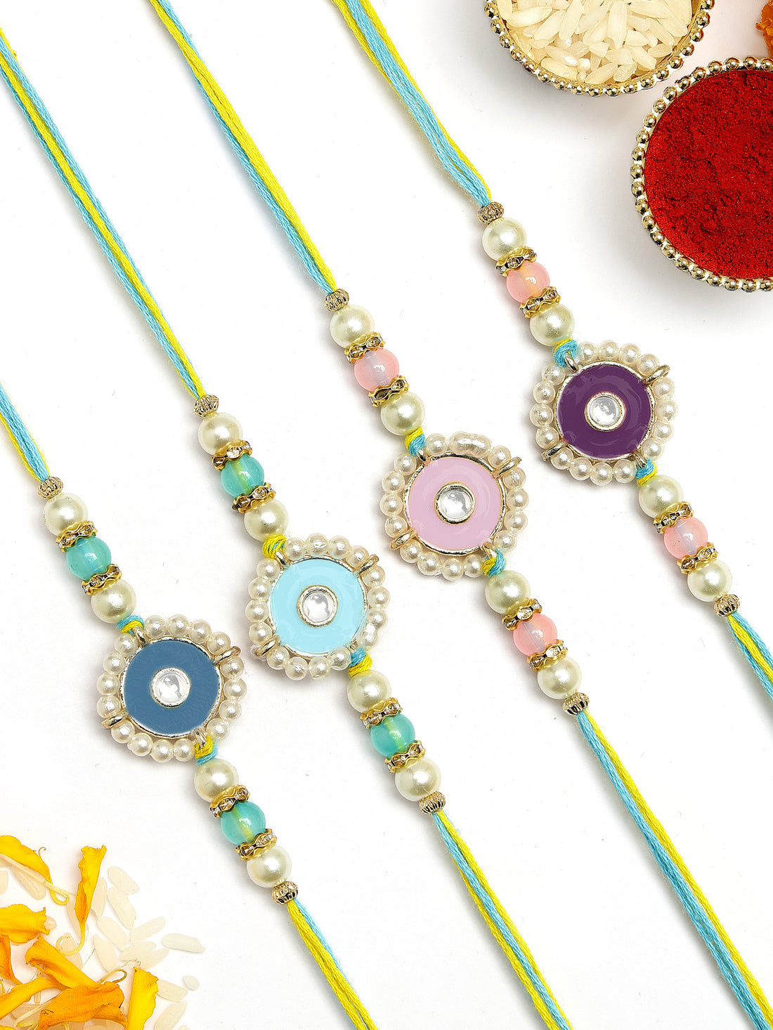 KARATCART Set of 4 Handmade Meenakari Evil Eye Kundan Rakhis for Brother with Roli & Chawal