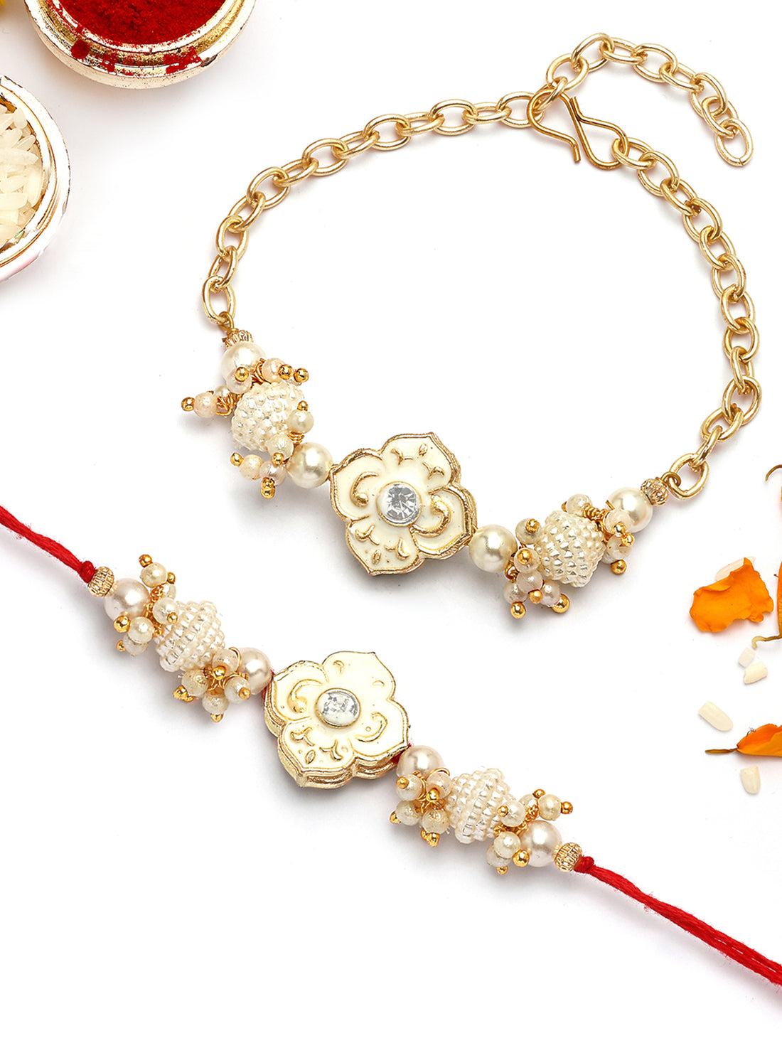 KARATCART Gold Plated White Meenakari Floral Kundan Bhaiya Bhabhi Rakhi with Roli & Chawal