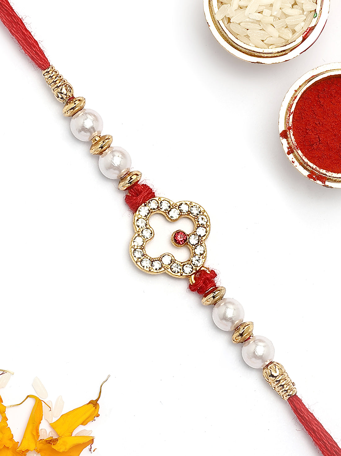 KARATCART Gold Plated White American Diamond Bhaiya Rakhi with Roli & Chawal