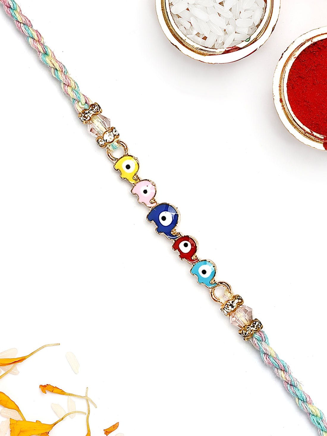 KARATCART Multicolor Evil Eye Elephant Bhaiya Rakhi with Roli & Chawal