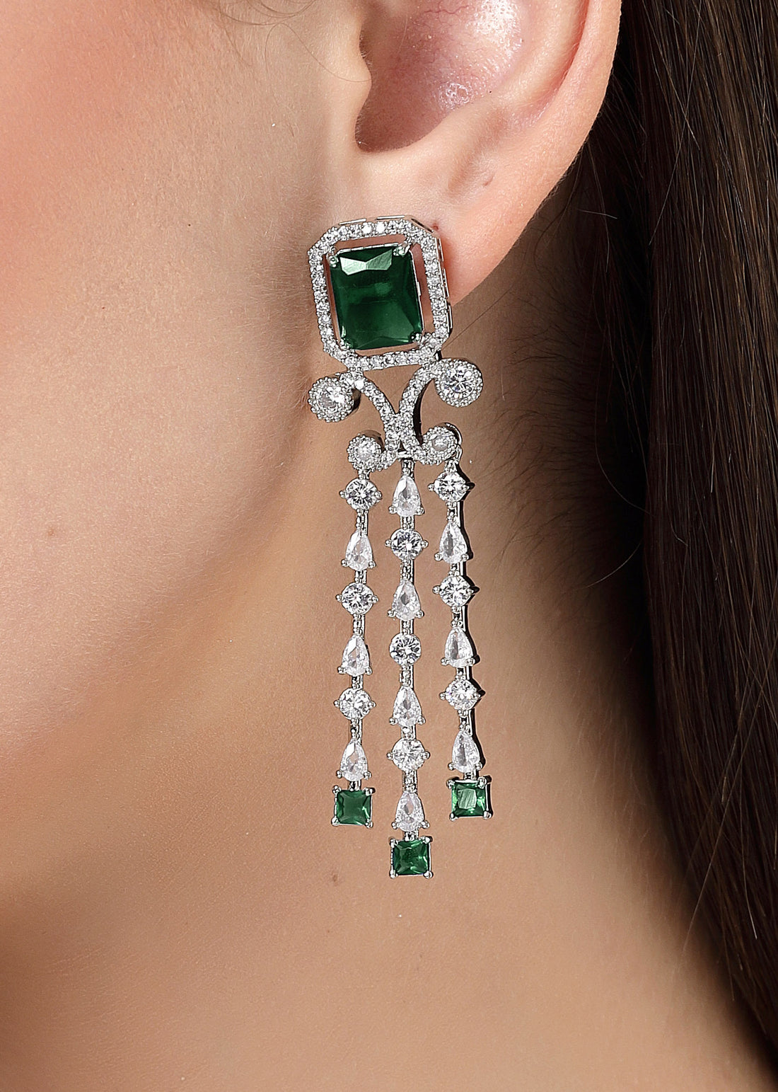Karatcart Luxurious Green American Diamond Stone Drop Earrings in Silver Plating for Women