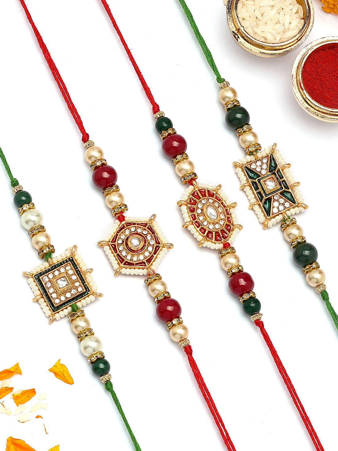 KARATCART Set of 4 Red and Green Floral Design Kundan Rakhi for Brother with Roli & Chawal