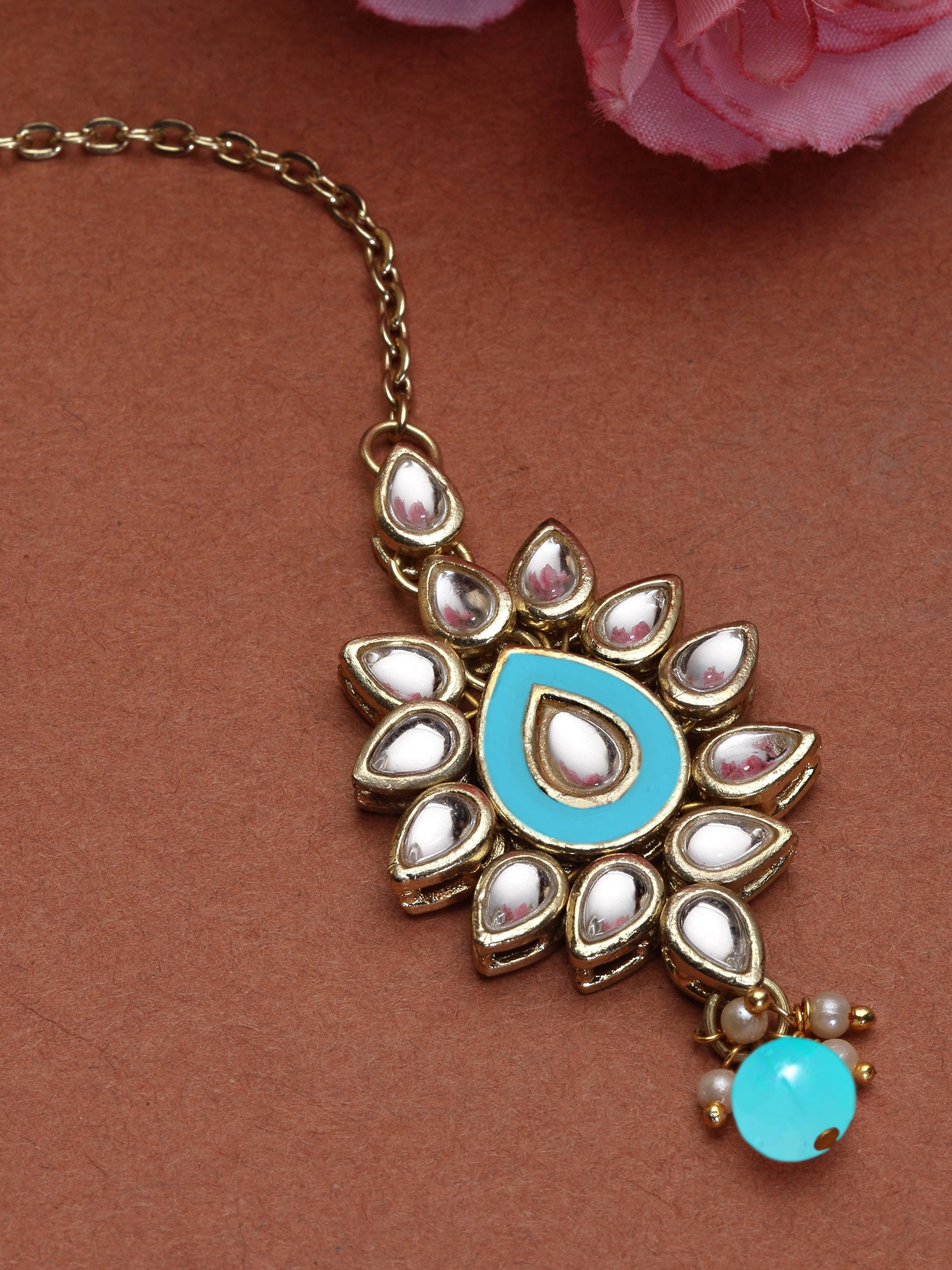 Karatcart Gold Plated Light Blue Meena Kundan Maangtikka for Women
