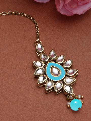 Karatcart Gold Plated Light Blue Meena Kundan Maangtikka for Women