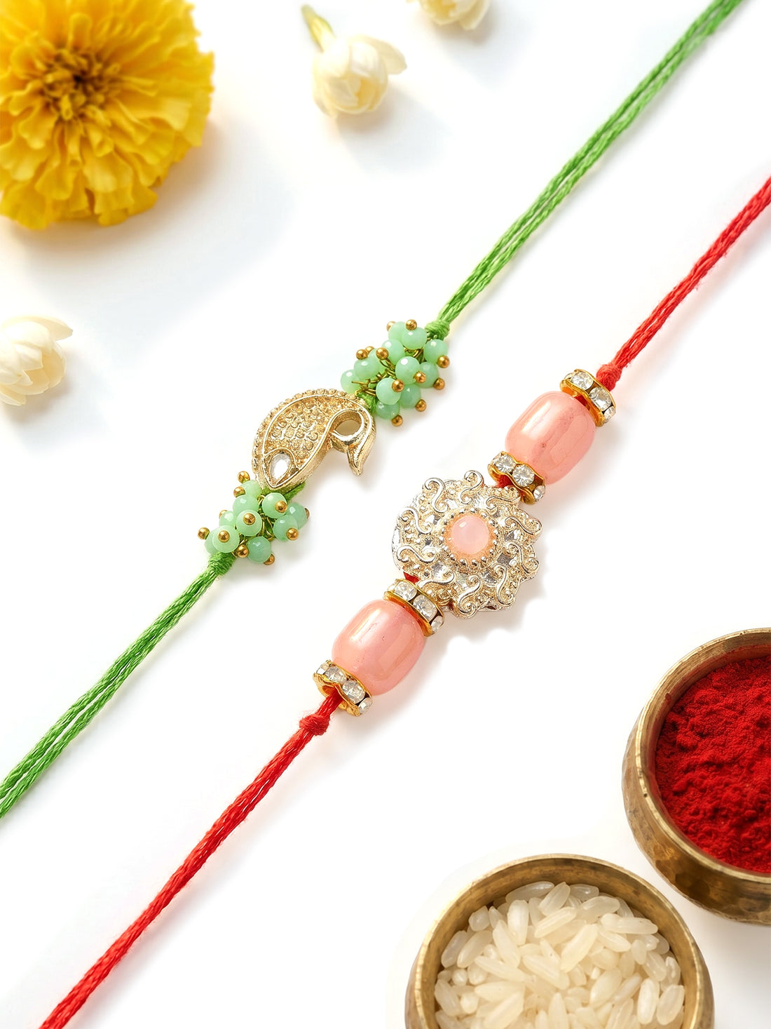 KARATCART Set of 2 Pink Stone and Green Fish Handmade Kundan Rakhi for Brother with Roli & Chawal