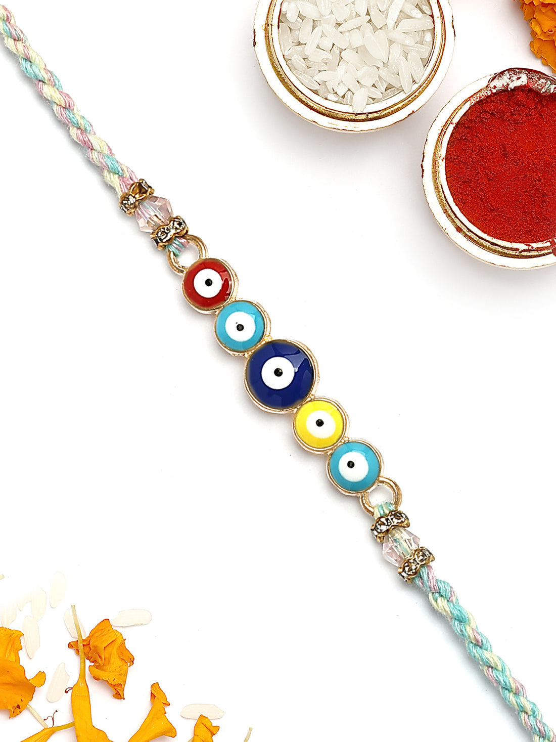 KARATCART Multicolor Evil Eye Bhaiya Rakhi with Roli & Chawal