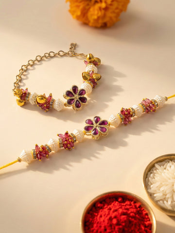 KARATCART Gold Plated Pink Floral Crystal Kundan Bhaiya Bhabhi Rakhi with Roli & Chawal