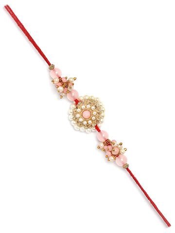 Karatcart Gold Plated Pink Crystal Kundan Bhiya Rakhi with Roli & Chawal