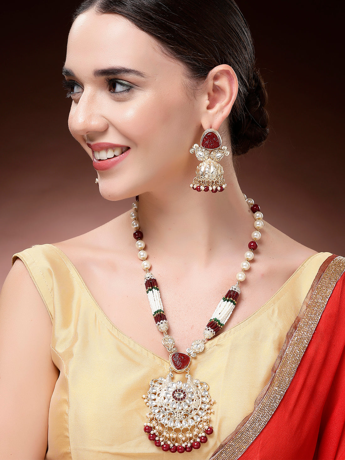 Karatcart Red Carved Stone and Pearl Studded Kundan Rani Haar Necklace Set for Women