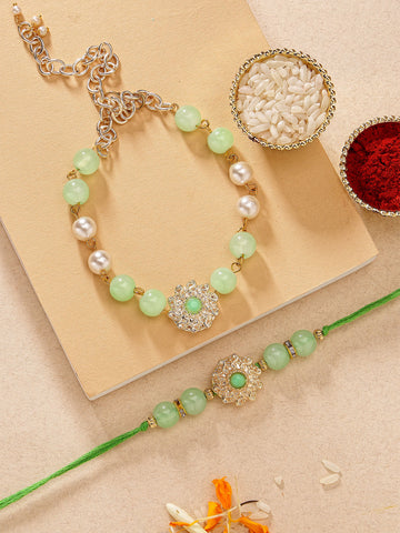 KARATCART Light Green Bead Floral Design Handmade Kundan Bhaiya Bhabhi Rakhi with Roli and Chawal