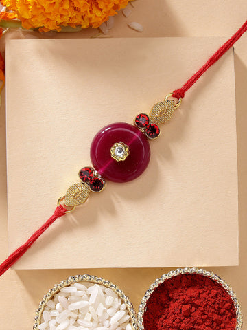 KARATCART Beautiful Red Stone and Crystal Handmade Rakhi for Brother with Roli Chawal