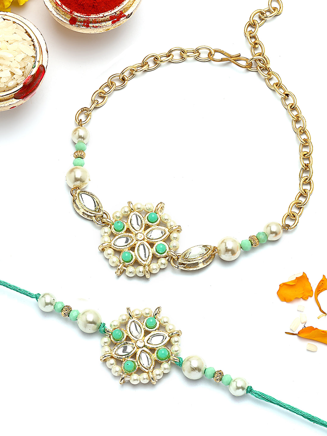 KARATCART Gold Plated Light Blue Beads Floral Kundan Bhaiya Bhabhi Rakhi with Roli & Chawal