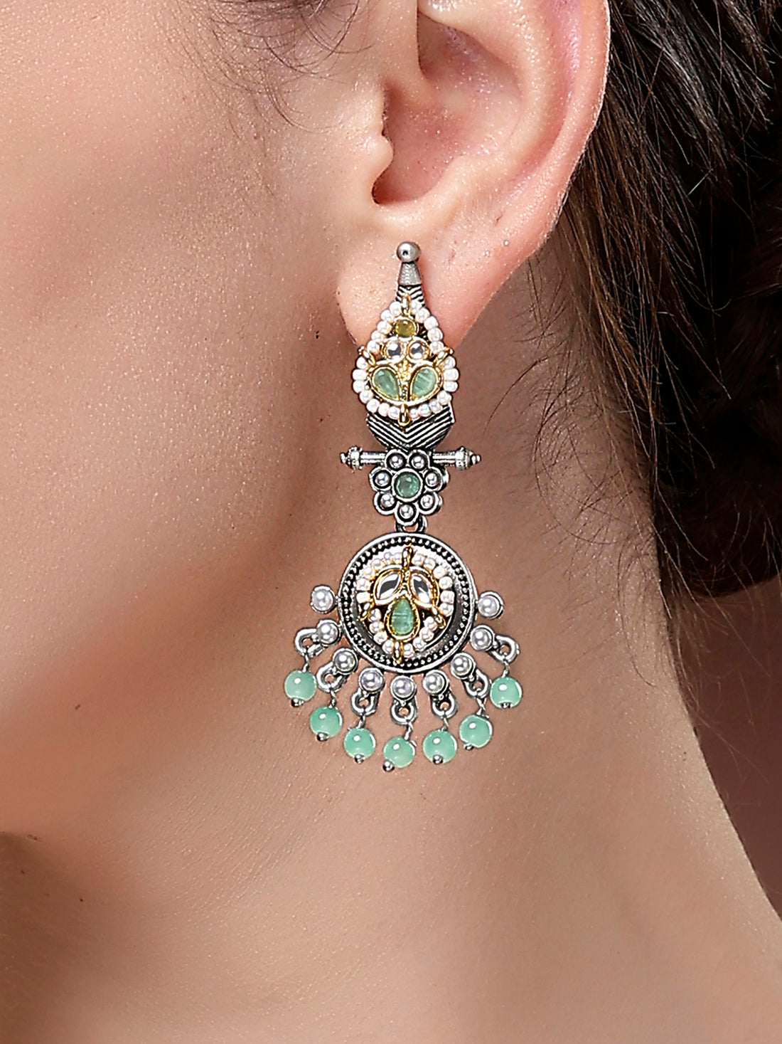 Karatcart Traditional Oxidized Silver Earrings with Mint Green Beads and Floral Motif