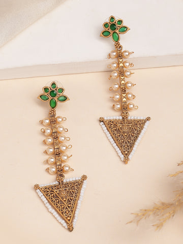 Karatcart Antique Gold-Plated Triangle Drop Earrings with Green Kundan and Pearls for Women