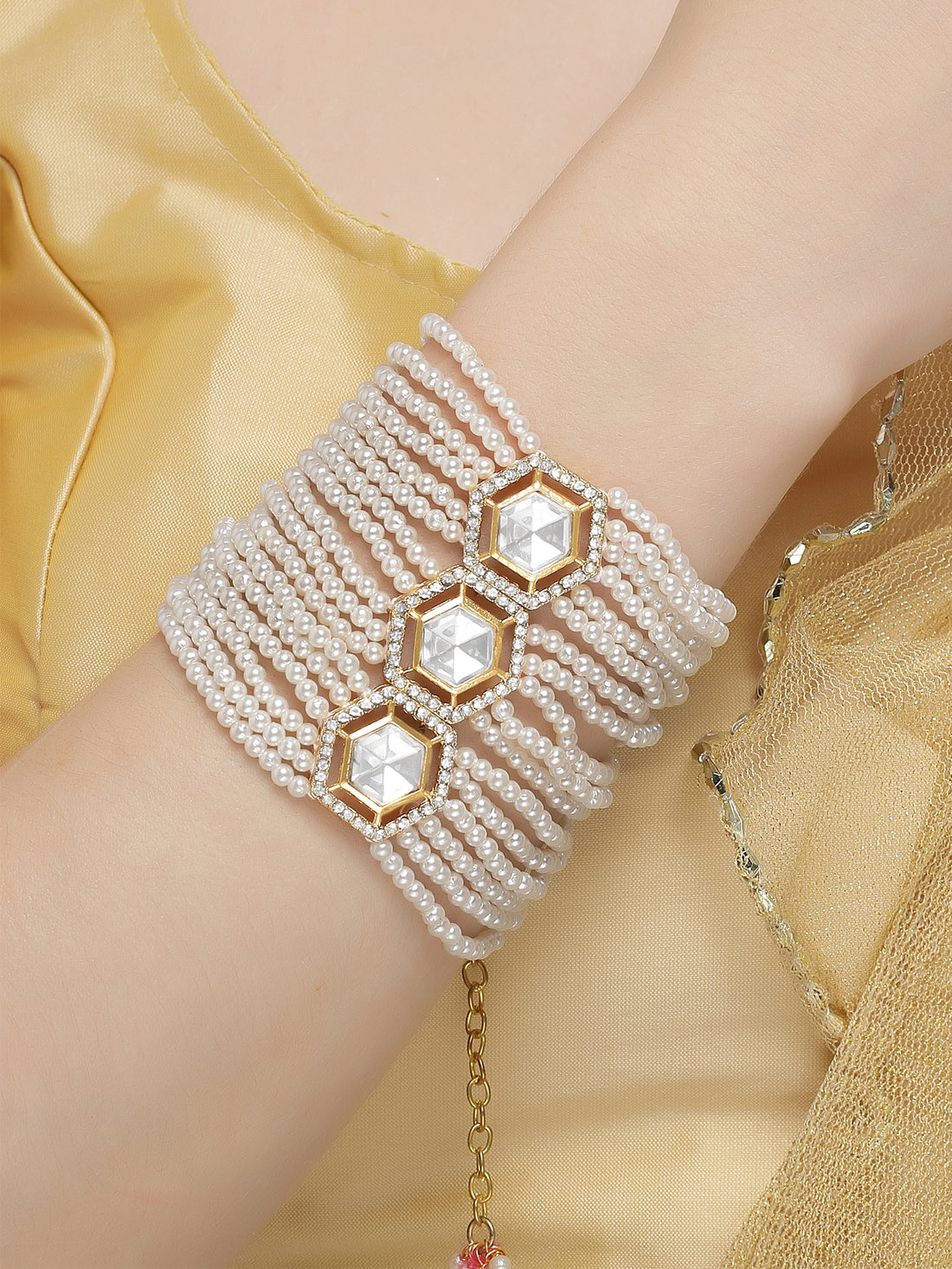 Karatcart Gold Plated Polki Kundan and Pearl Beaded Bracelet for Women