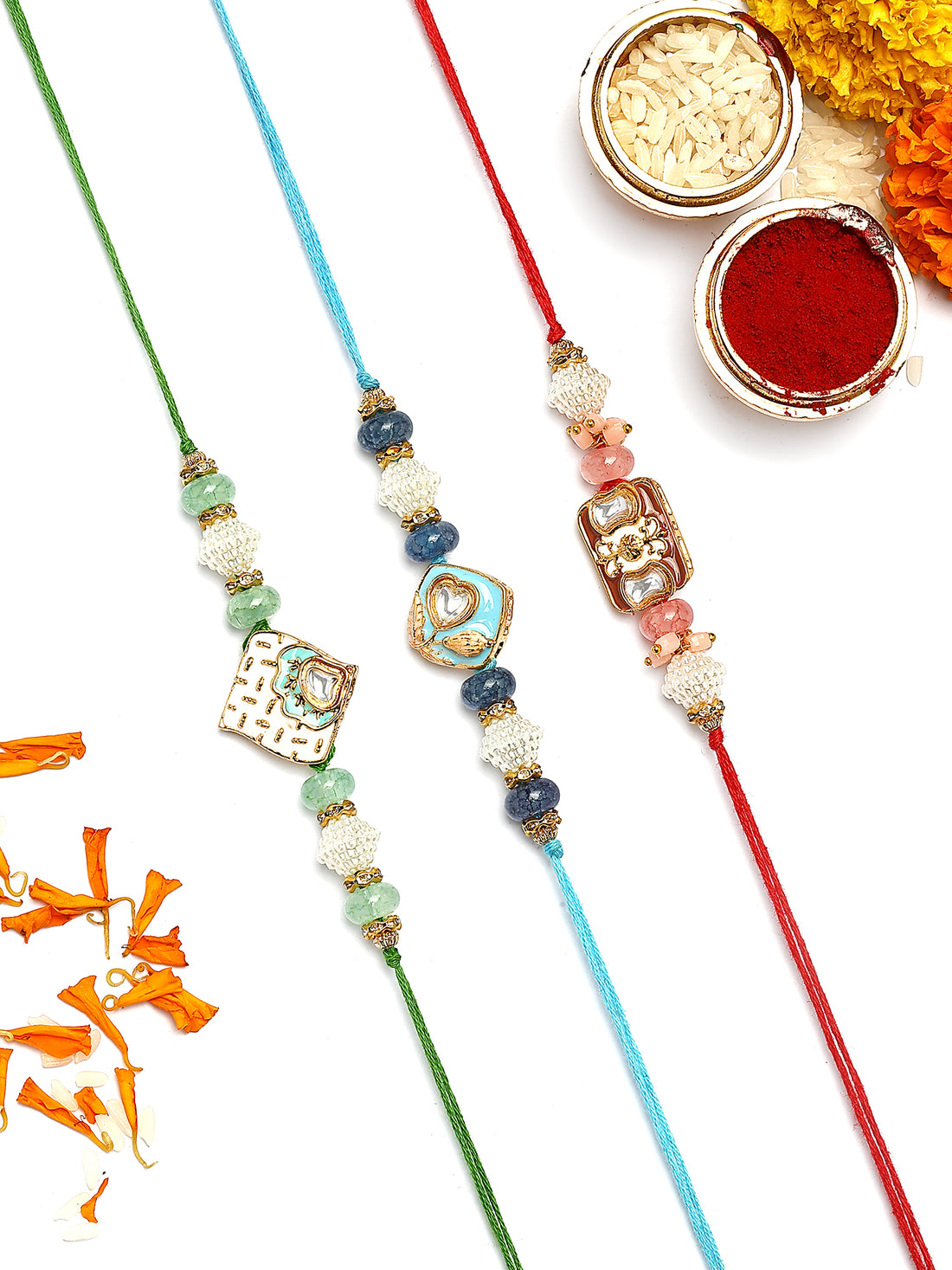 KARATCART Set of 3 Pastel Enamel Kundan Rakhi Combo for Brother with Roli & Chawal