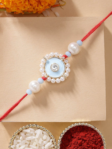 KARATCART Light Blue Meena Evil Eye Design Handmade Kundan Rakhi for Brother with Roli & Chawal