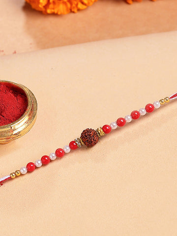 KARATCART Red and White Beads Rudraksha Bhaiya Rakhi with Roli & Chawal