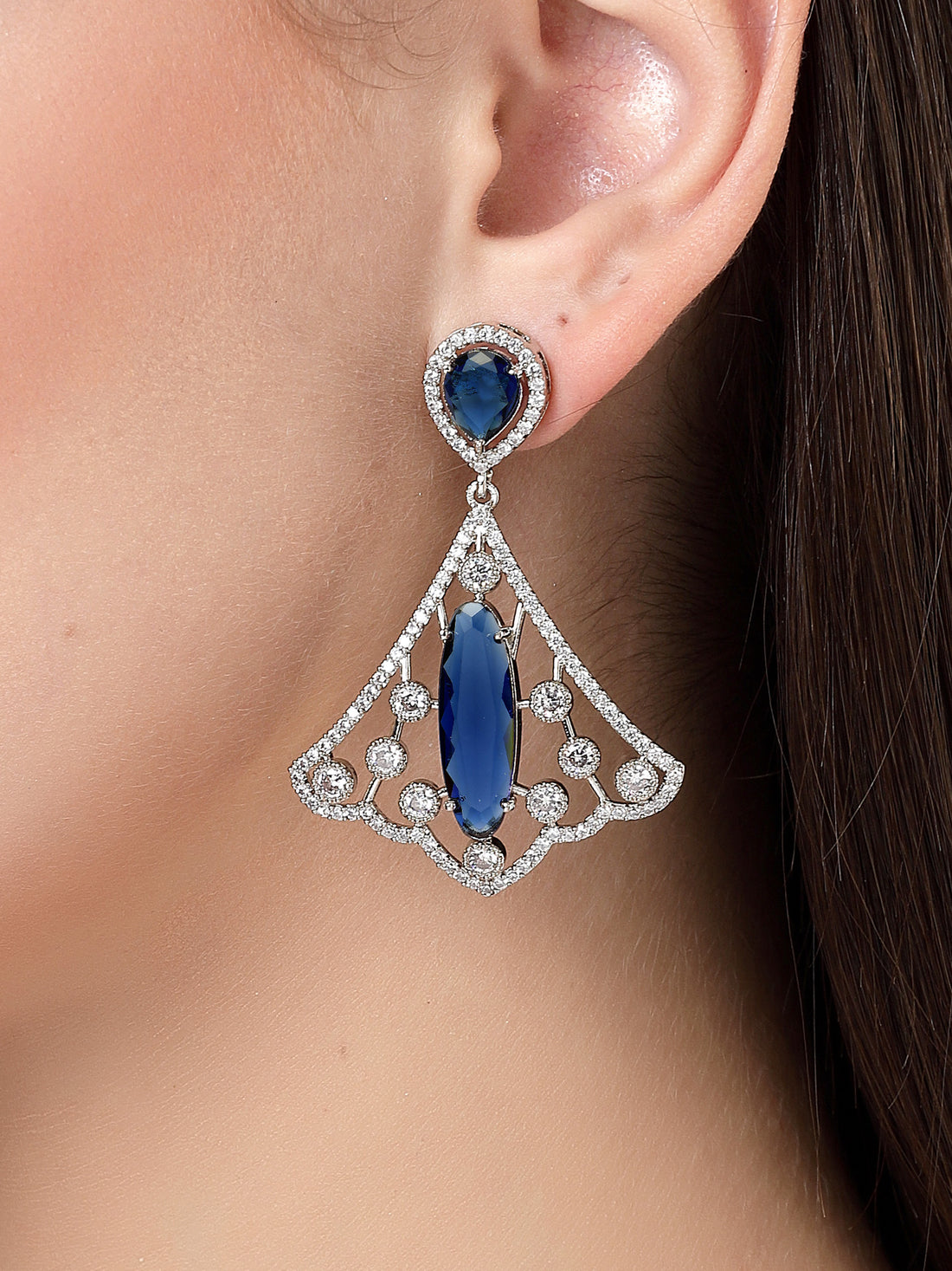 Karatcart Sparkling Silver Plated Earrings with Blue American Diamond Drops