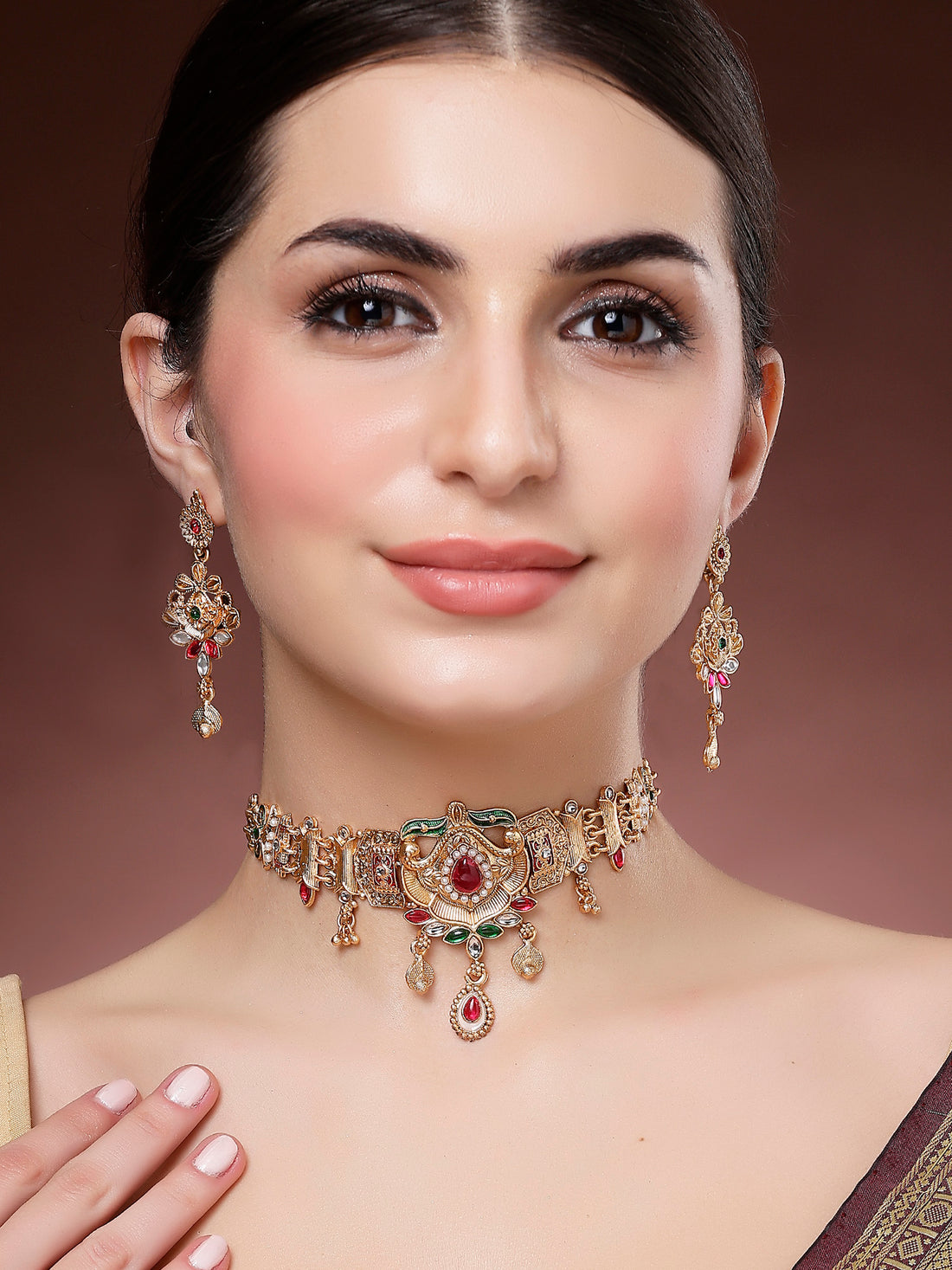 Karatcart Gold Plated Traditional Choker Necklace Set with Red and Green Stones