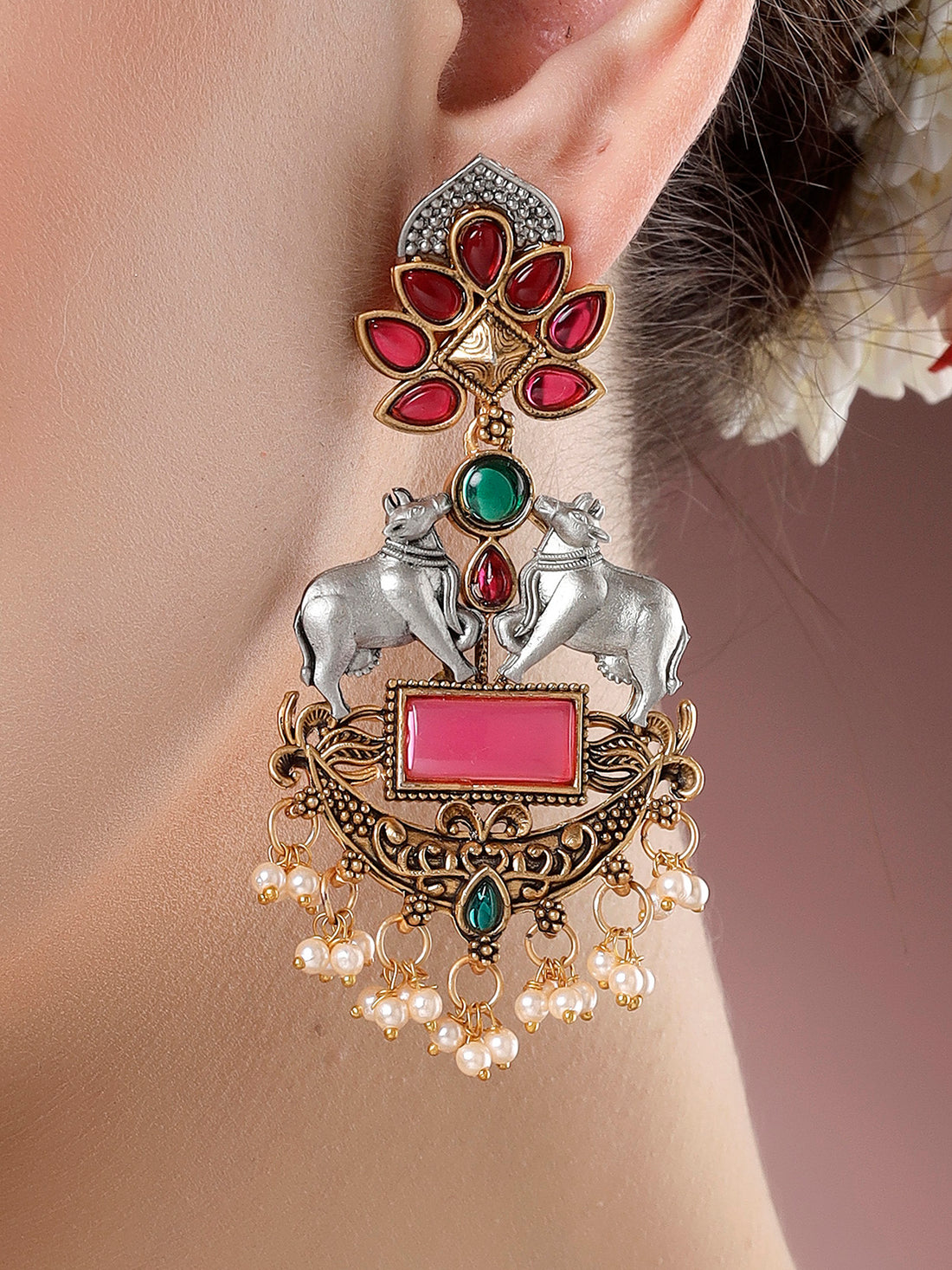 Karatcart Gold and Silver Plated Cow Shape Drop Earrings for Women
