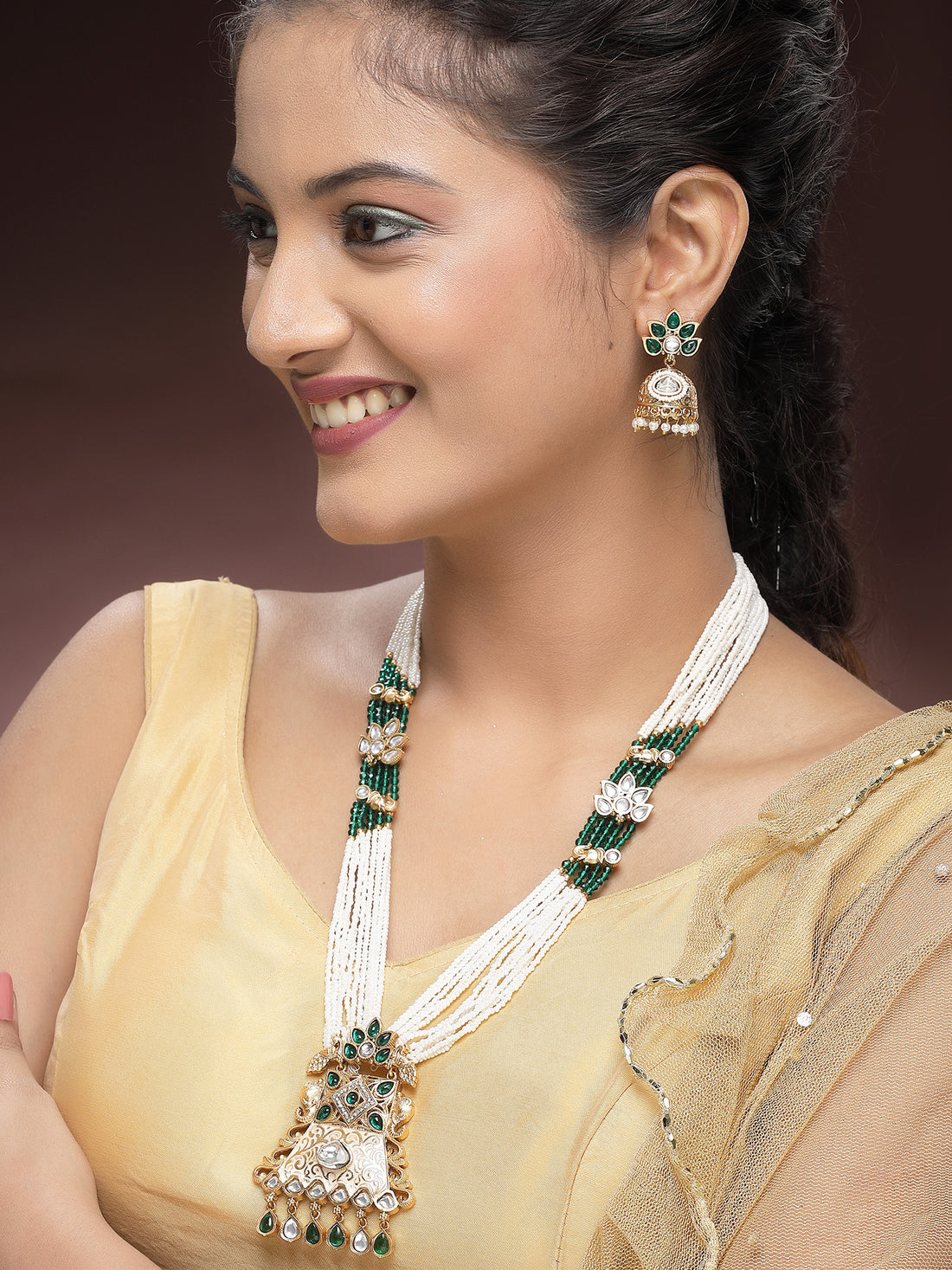 KARATCART Designer Gold-Plated Green Kundan and Meenakari Rani Haar Necklace Set for Women