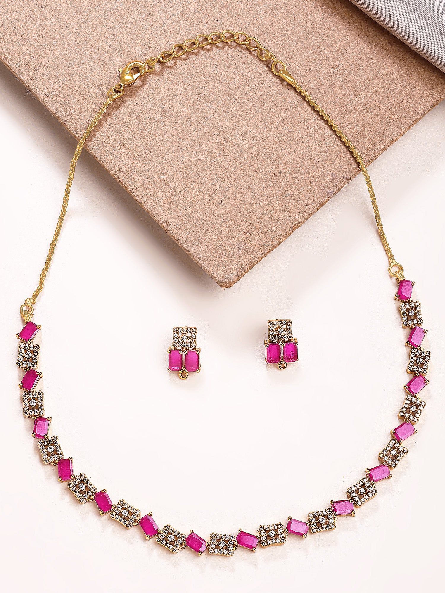 KARATCART Stylish Gold-Plated Red and White American Diamond Jewellery Set for Women