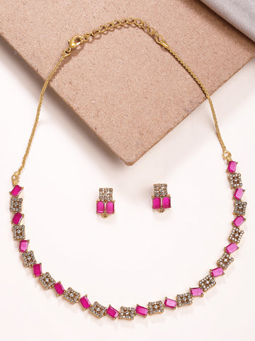 KARATCART Stylish Gold-Plated Red and White American Diamond Jewellery Set for Women