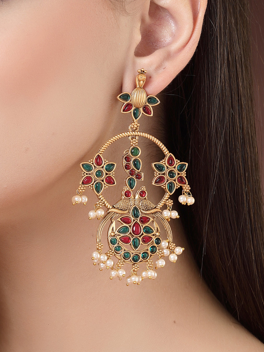 Karatcart Gold Plated Floral Design Red and Green Kundan Dangler Earrings for Women