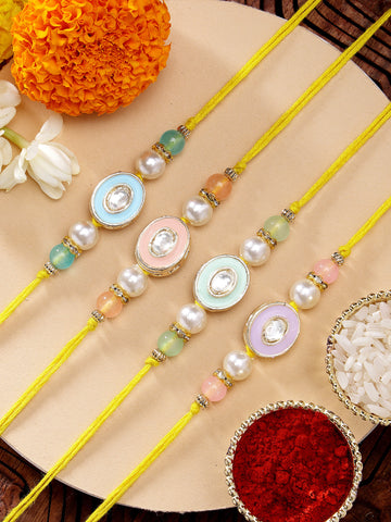 KARATCART Set of 4 Handmade Multicolor Meenakari Kundan Rakhis for Brother with Roli & Chawal