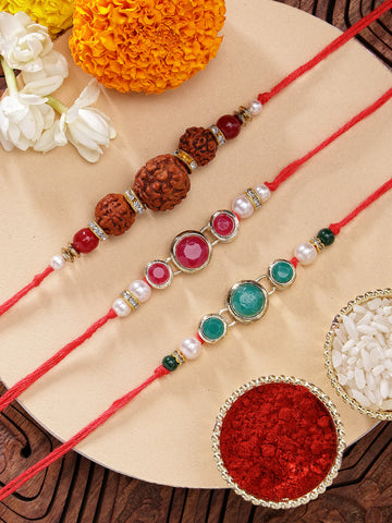 KARATCART Set of 3 Handmade Rudraksha and Kundan Rakhis for Brother with Roli & Chawal