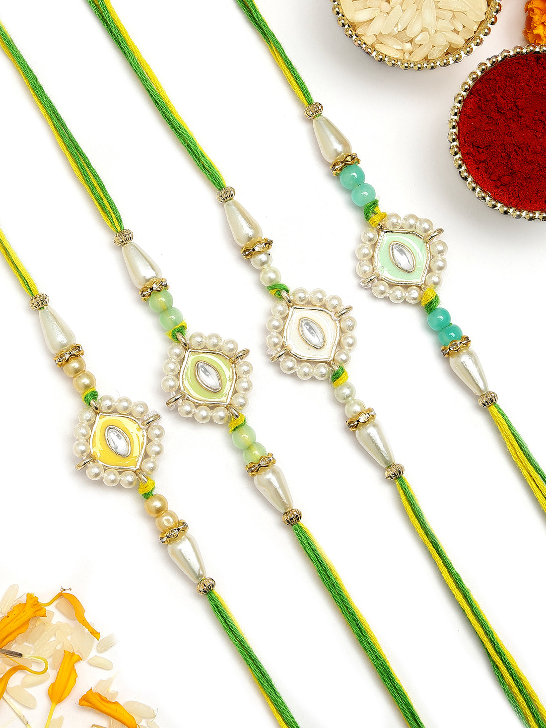 KARATCART Set of 4 Handmade Multicolor Meenakari Evil Eye Kundan Rakhis for Brother with Roli and Chawal