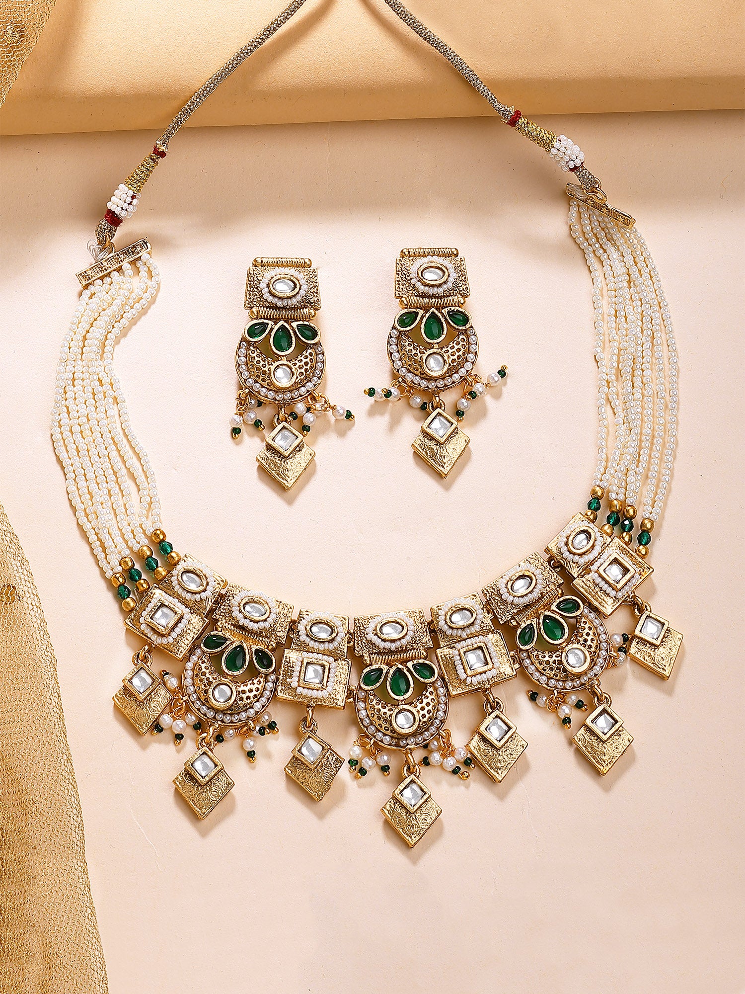 KARATCART Elegant Gold-Plated Green Kundan and Pearl Choker Necklace Set for Women - Image 1