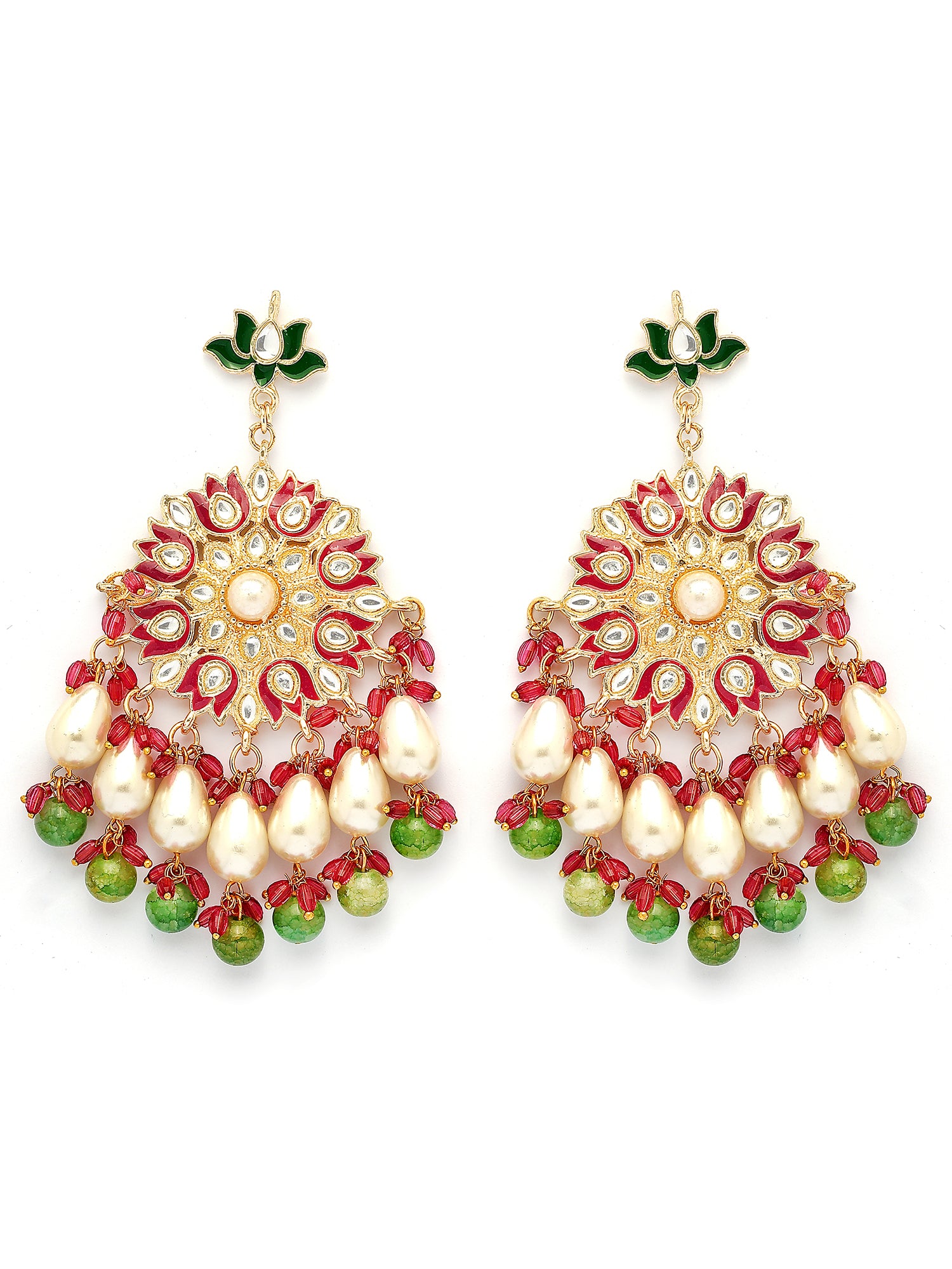 KARATCART Gold-Plated Floral Pink Meena Green Beads Kundan Dangler Earrings for Women - view 4