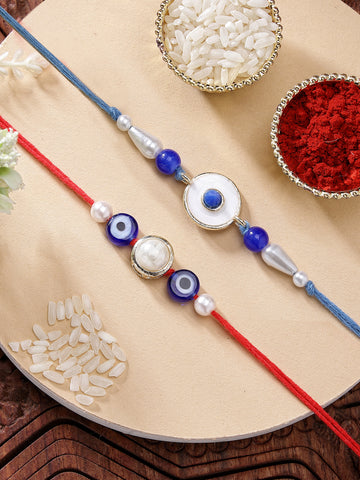 KARATCART Set of 2 Blue Evil Eye and Pearl Handmade Kundan Rakhi for Brother with Roli & Chawal