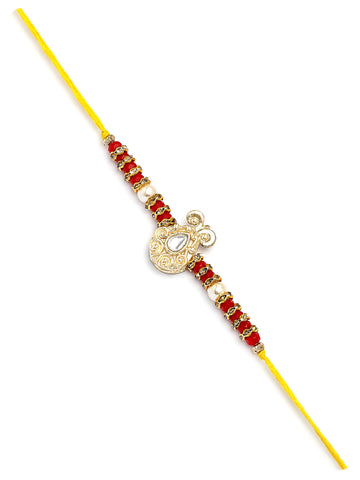 Karatcart Gold Plated Red Beads Kundan Bhiya Bhabhi Rakhi with Roli & Chawal