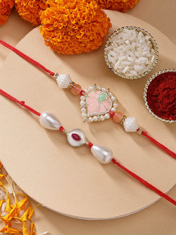 KARATCART Set of 2 Red Evil Eye Peach Meena Kundan Handmade Rakhi for Brother with Roli & Chawal