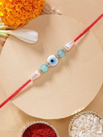 KARATCART Stylish Light Blue Beads Evil Eye Handmade Rakhi for Brother with Roli & Chawal