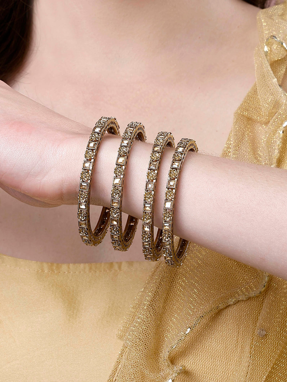 Karatcart Antique Gold Plated Floral Design Set of 4 Bangles for Women