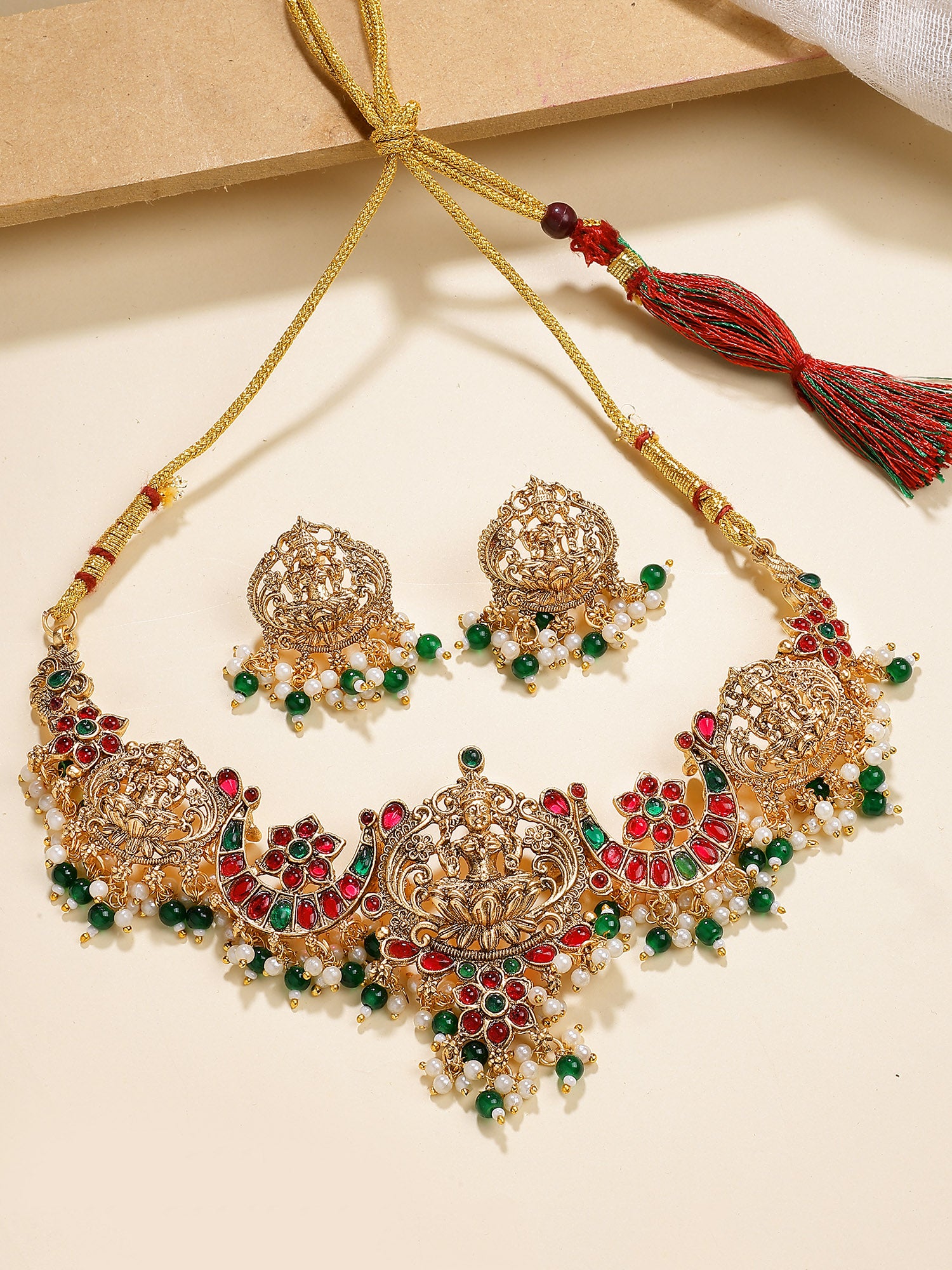 Karatcart Royal Moon Shape Red and Green Laxmi Mata Choker Temple Jewellery Set for Women