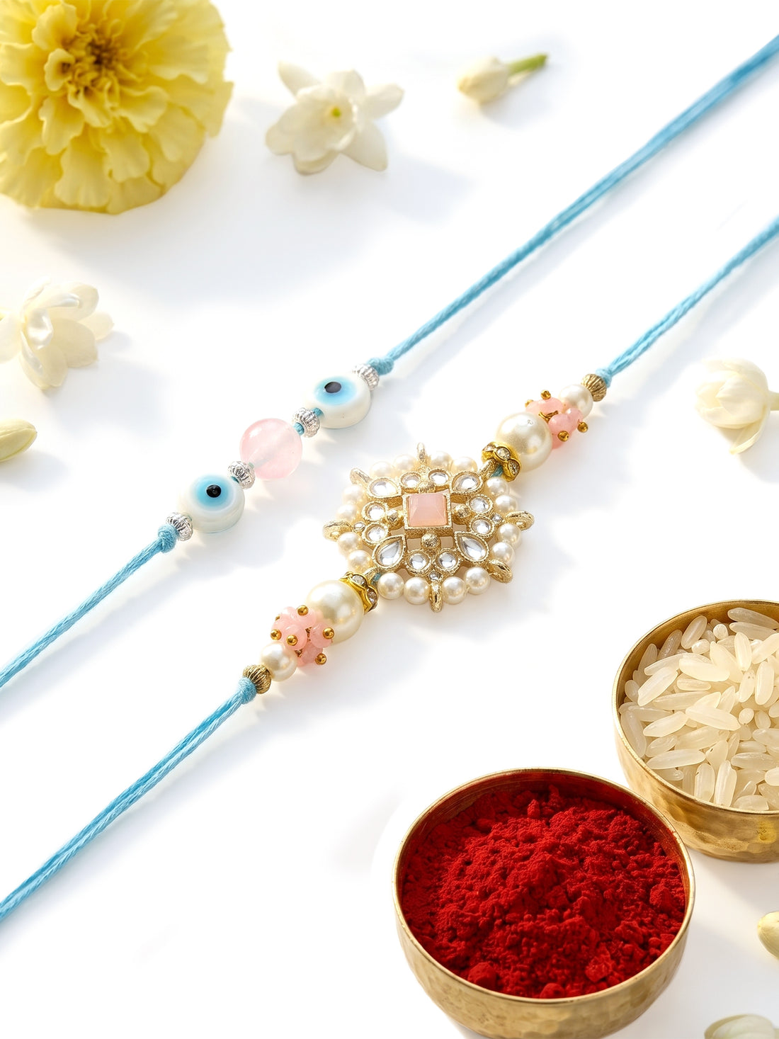 KARATCART Set of 2 Evil Eye and Pink Floral Kundan Handmade Rakhi for Brother with Roli & Chawal