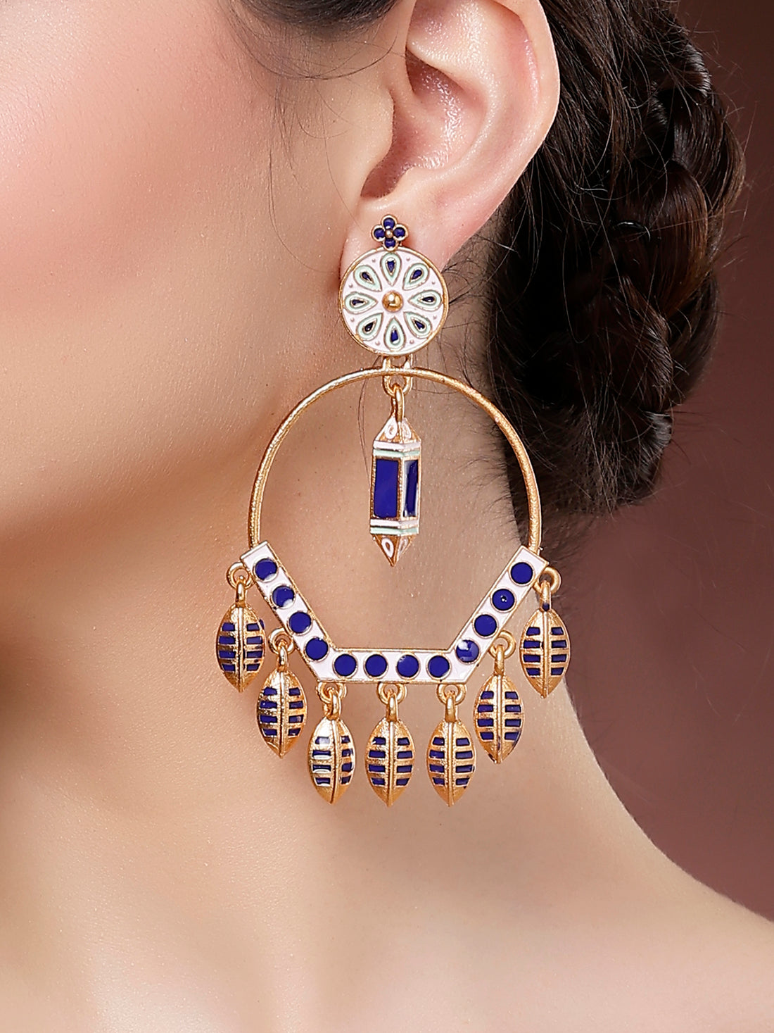 Karatcart Designer Gold-Plated Blue & White Enamel Danglers Earrings with Leaf Charm for Women