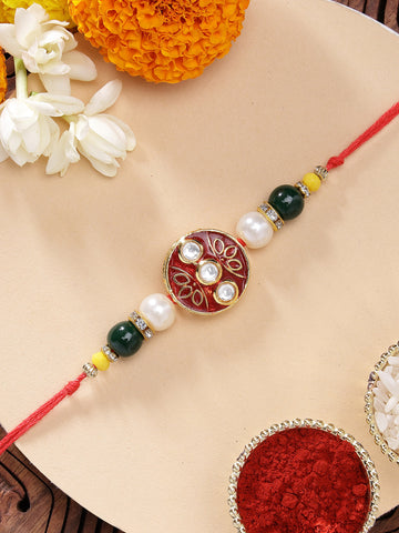 KARATCART Vibrant Red Meenakari Floral Design Handmade Kundan Rakhi for Brother with Roli & Chawal