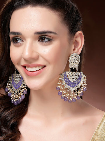 Karatcart Gold Plated Purple Beads Enamel Kundan Dangler Earrings for Women