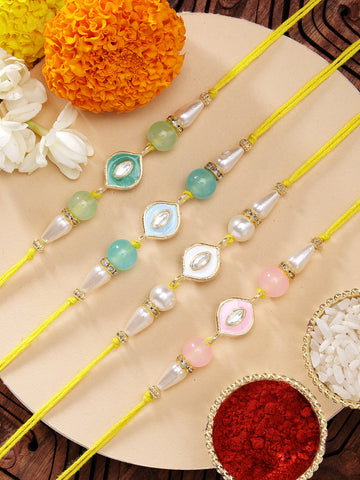 KARATCART Set of 4 Enamel Handmade Evil Eye Kundan Rakhis for Brother with Roli and Chawal